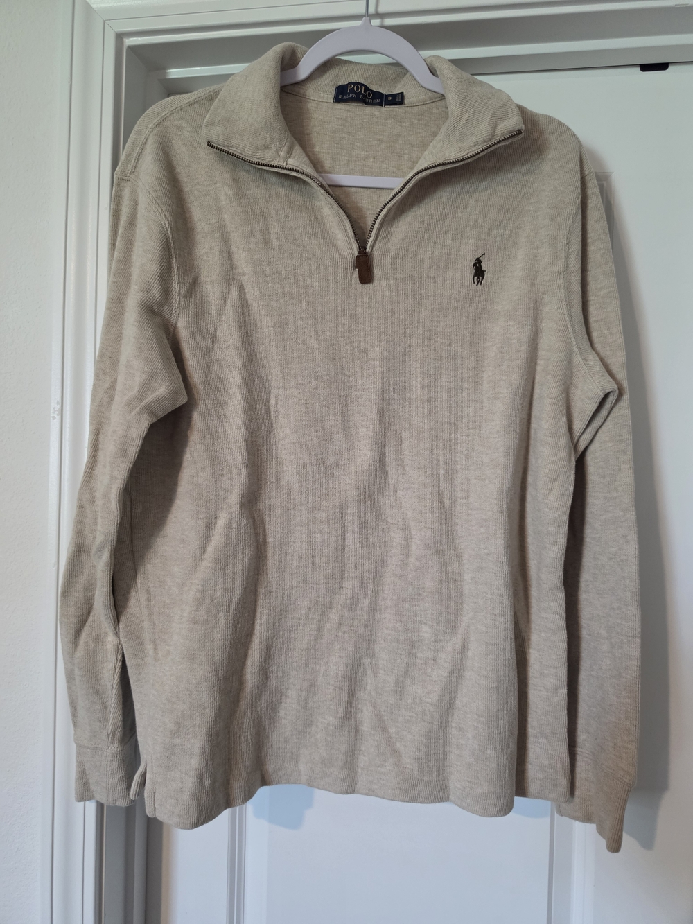 Polo by Ralph Lauren Men's Quarter-Zip Sweater in Beige with Navy Pony